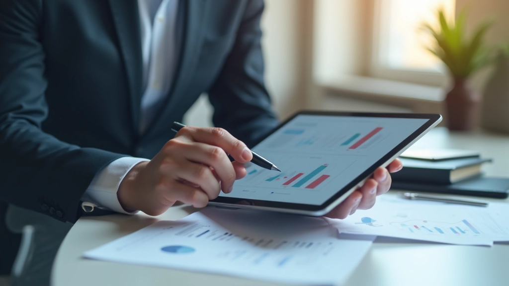 Geschäftsperson analysiert Wirtschaftsdaten auf Tablet, Diagramme und Statistiken auf dem Bildschirm, modernes Büro