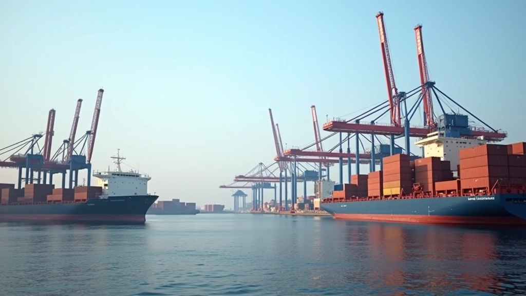 Hafen mit Containerschiffen und Frachtcontainern, internationale Handelslogistik, Exportwirtschaft