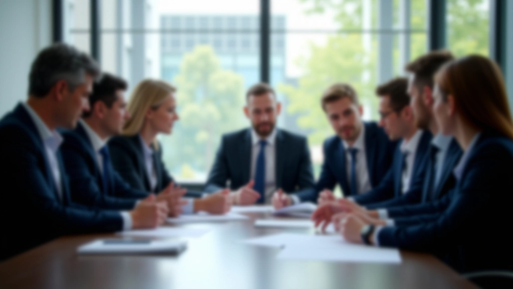Gruppe von Wirtschaftsexperten in Konferenzraum diskutiert Konjunkturprognosen
