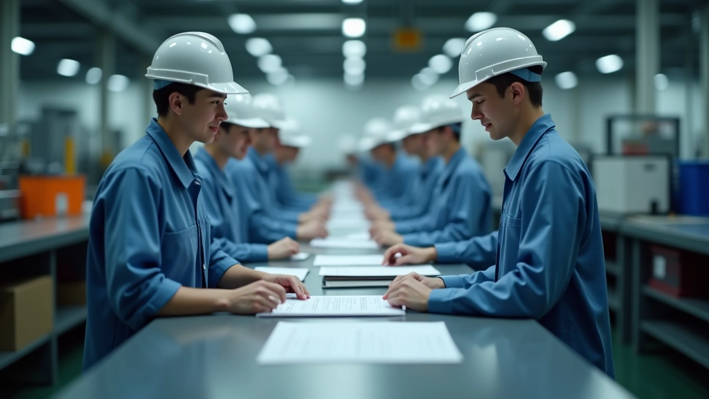 Fabrik mit Arbeitern an Montagelinie, Produktionsprozess mit Auftragskartensystem, organisierte Fertigungsstrecke