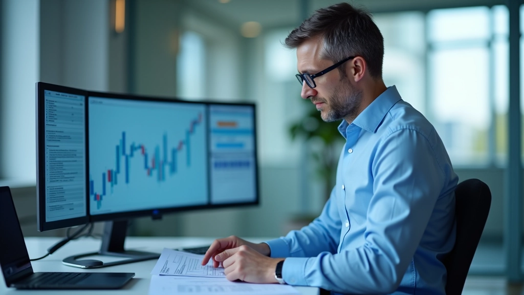 Finanzanalyst bei der Analyse von Konjunkturdaten und Prognosen am Schreibtisch