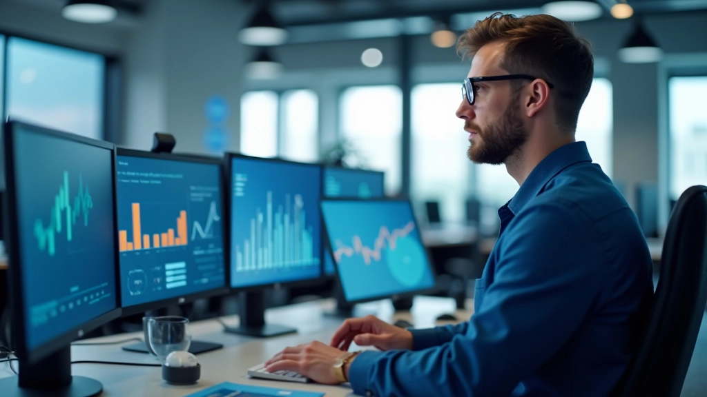 Modernes Finanzanalystzentrum mit mehreren Monitoren, Diagramme und Datenvisualisierungen, helles Büro mit Fensterblick