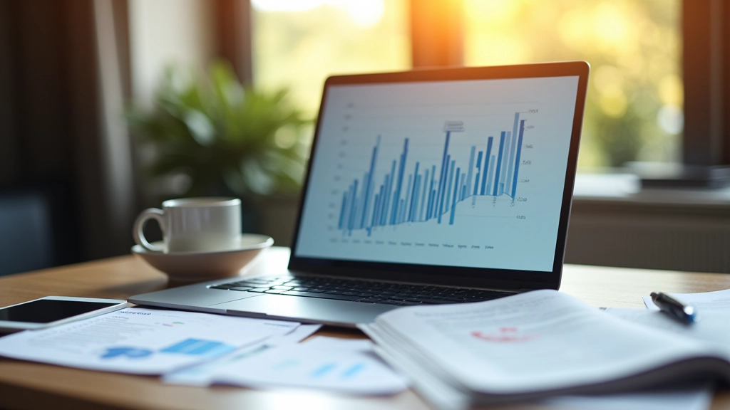 Grafik mit Geschäftsklimaindex-Daten auf Computerbildschirm, Diagramme und Zahlen sichtbar, modernes Büro