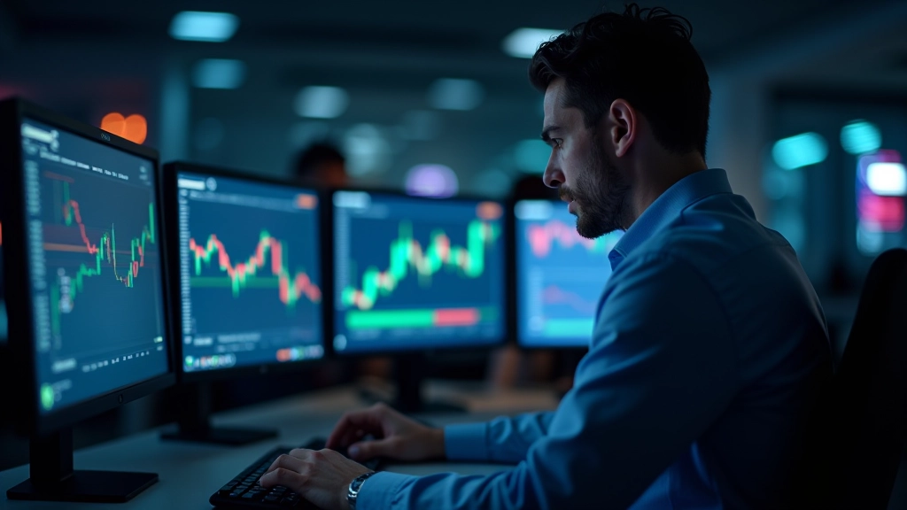 Börsenhändler vor mehreren Monitoren, Trading-Bildschirme mit Charts, konzentrierte Arbeitsatmosphäre